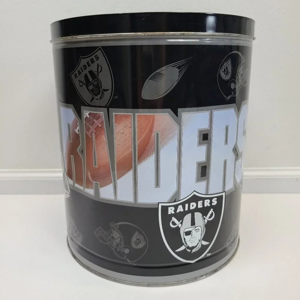 Vintage 1996 Oakland Raiders Metal Popcorn Tin Black Silver Large Size - Picture 3 of 16